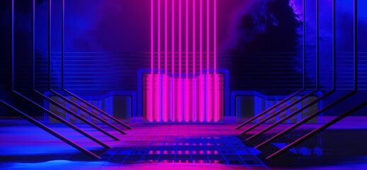 Fototapeta premium gaming background abstract wallpaper, cyberpunk style scifi game, neon glow of stage scene in pedestal room, 3d illustration rendering, esports team concept