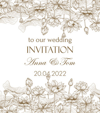 	
Vector invitation template with lotus flowers in engraving style	
