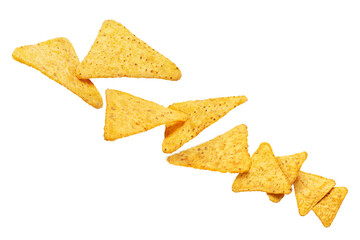 Flying mexican nachos chips, isolated on white background
