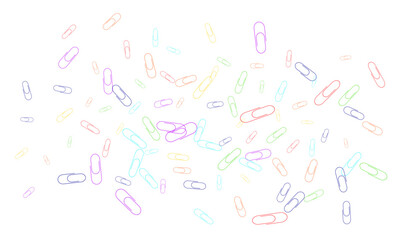 Paper clips are scattered on a white background. Decorative element. Background for design, school and office supplies