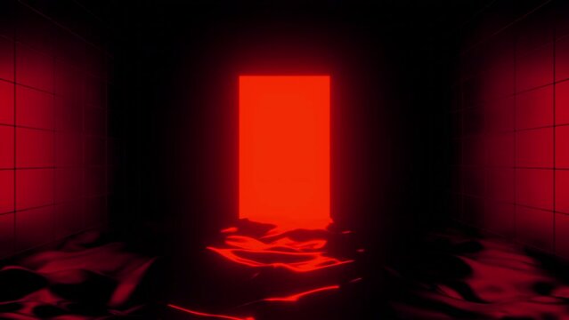 Abstract neon led lamps in dark interior. Design. Bright glowing lantern on liquid waving surface.