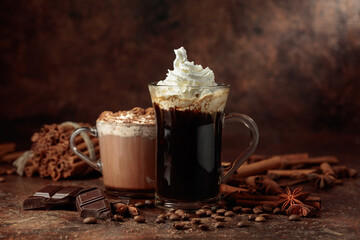 Coffee and hot chocolate with whipped cream.