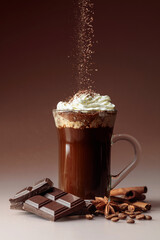 Coffee with whipped cream sprinkled with chocolate crumbs.