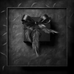 Luxury black gift box decorate with ribbon and feather. Generative AI