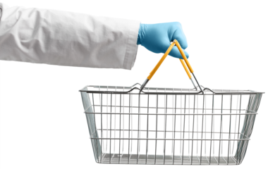 A medic's hand holds a grocery basket whether a package