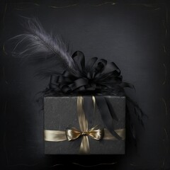 Luxury black gift box decorate with ribbon and feather. Generative AI