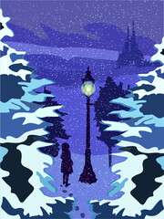 A girl looks at a lantern at night against the backdrop of a nighttime winter landscape with a castle and fir trees.