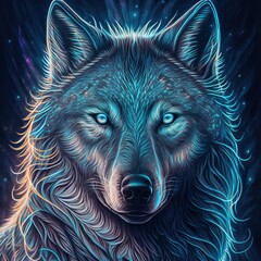 Holographic wolf portrait. Generative AI
