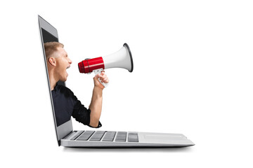 Shouting out person with megaphone in laptop. Modern design, contemporary art collage.