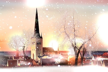 Winter city ,trees covered by snow ,medieval houses evening street , snowfall ,Tallinn old town...