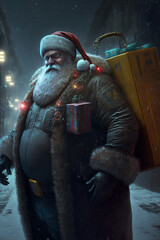 Illustration of Cyberpunk Santa Claus with white beard delivering presents.