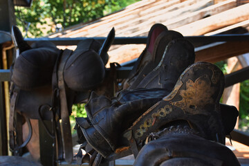 Traditional leather horse saddles hanging over wooden fences at a horse farm