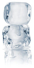 Natural crystal clear melting ice cubes on a transparent background with mirror reflection. PNG.