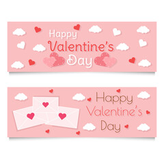 Happy Valentine’s day horizontal web header banner template set. Cute love and heart tag on pink background collection . Vector illustration.