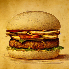 old sketch of the worlds best perfect burger, drawing, Generative AI illustration