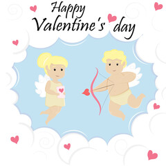 valentine's day vector card. frame of air clouds, cupid boy and girl with a card in their hands
