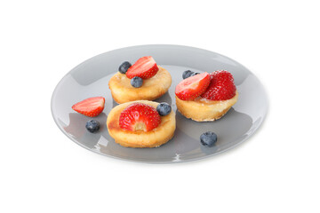Concept of tasty sweet food, cheese pancakes, isolated on white background