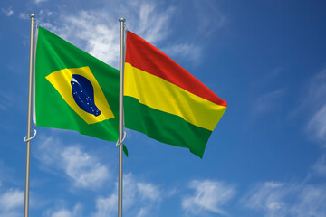Federative Republic of Brazil and Plurinational State of Bolivia Flags Over Blue Sky Background. 3D Illustration