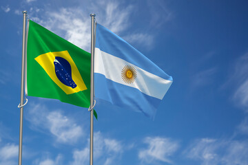 Federative Republic of Brazil and Argentina Flags Over Blue Sky Background. 3D Illustration