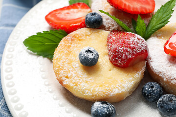 Concept of tasty sweet food, cheese pancakes, close up