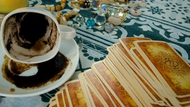 Fortune telling different coffee, tarot and runes. Selective focus.
