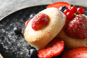 Concept of tasty sweet food, cheese pancakes, close up