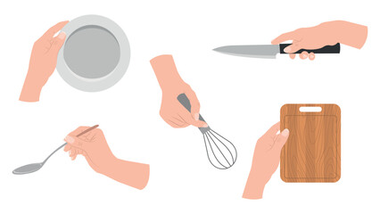 Set of hands holding kitchen appliances in cartoon style. Vector illustration of a hand holding a plate, a spoon, a whisk, a knife and a cutting board on a white background.