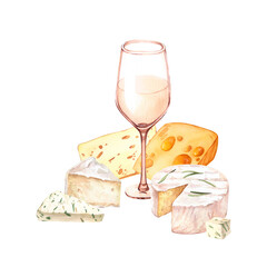 Watercolor white wine glasses with camembert cheese, brie, blue and milk cheese. Hand drawn illustration, isolated on white background. Concept for wine list, label, banner, menu, flyer, template