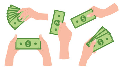 Set of hands holding green dollar banknotes in cartoon style. Vector illustration of female hands holding, giving cash on a white background.