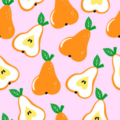 Seamless pattern with pear on pink background. Hand-drawn orange pears and half of pears. Cute illustration for print, wrapping paper, packaging, fabric. Beautiful vector design