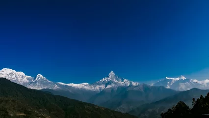 Foto op Plexiglas Dhaulagiri Panoramische weergave van Annapurna Range (Fishtail (Mahapuchare), Dhaulagiri, Lamjung Himal, Hiunchuli, Annapurna III, Annapurna South) vanuit Pothana, Dhampus, Nepal.