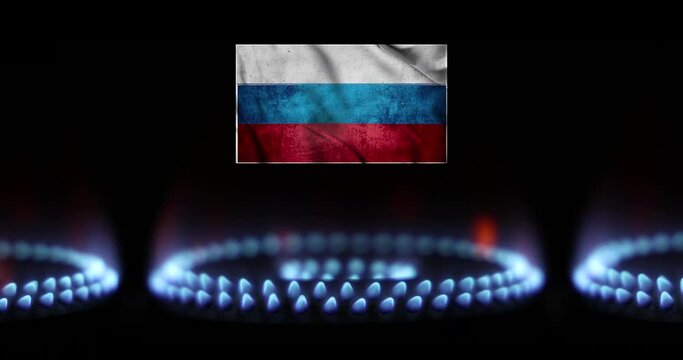 Blue flames of gas burning from a gas stove with the flag of Russia. Gas burner with a burning fire on a black background. Russia is the top exporter of natural gas in the world
