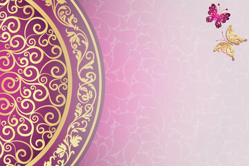 Pink paisley vintage vector gradient background with mandala and butterflies and place for your text