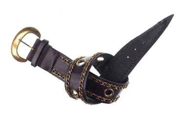 leather belt with gold buckle isolated on white background