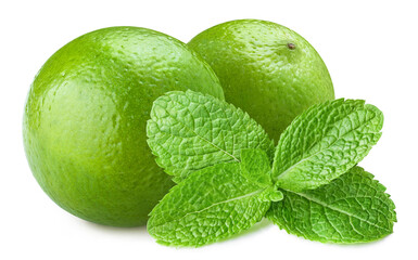 Fresh limes and mint leaves, isolated on white background