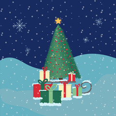 concept of christmas tree with gifts under it, winter, holidays, night, snow