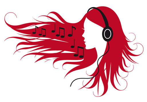 Woman with long red hair, headphones, and musical notes, music concept, illustration over a transparent background, PNG image
