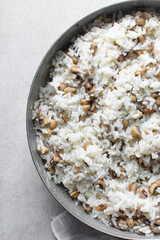Rice and beans in a pot, Nigerian food, cooked rice and brown beans