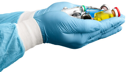 Hand of a Researcher holding Coronavirus COVID-19 Vaccines.