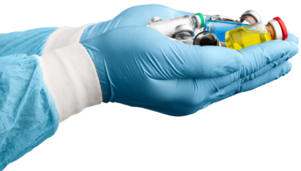 Hand of a Researcher holding Coronavirus COVID-19 Vaccines.