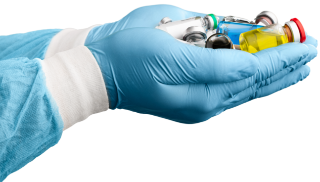 Hand of a Researcher holding Coronavirus COVID-19 Vaccines.