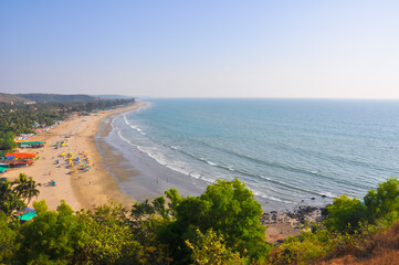 View from above on a beautiful beach in Arambol, Goa, India