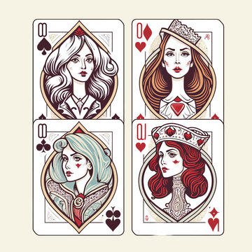 Queens of diamonds, clubs, hearts, spades. Isolated on a background. Cartoon flat vector illustration