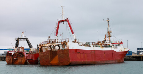 Trawler ships are moored in port of Reykjavik, Iceland