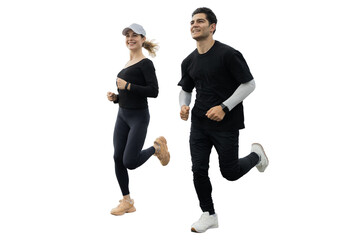 Woman and man fitness running in sports clothes, transparent background.
