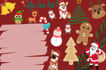 Obraz na płótnie Canvas Christmas card template on red background with Santa Claus and Christmas trees and snowflakes. Winter card template