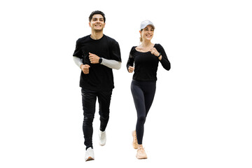 Woman and man fitness running in sports clothes, transparent background.