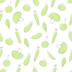 Seamless pattern with green vegetables. Trendy flat simple style. Vegetarian background, farmers market. Vegan food design template. Sketched style.