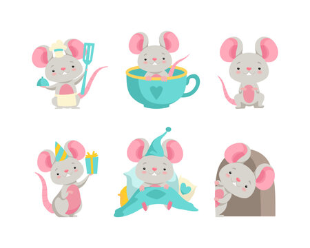 Cute Grey Mouse Character with Pretty Snout Engaged in Different Activity Vector Set