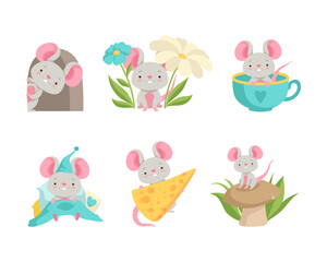 Cute Grey Mouse Character with Pretty Snout Engaged in Different Activity Vector Set